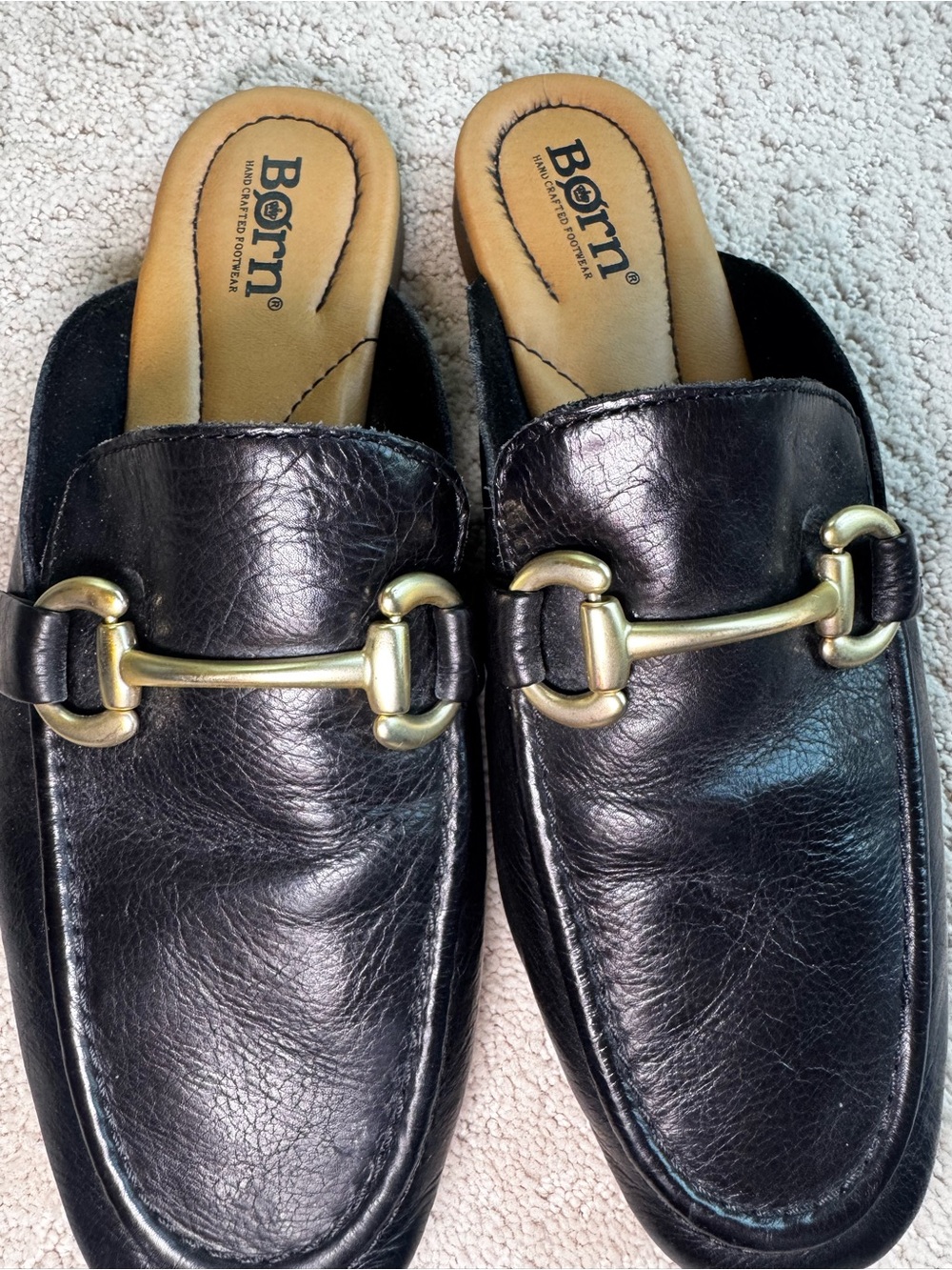 Born Black Leather Backless Loafers with Gold Horsebit - Picture 3 of 7